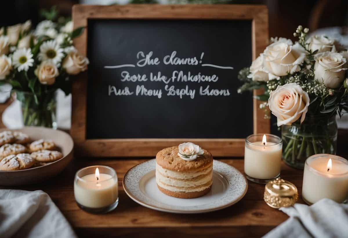 A table with various wedding-themed items, such as rings, cakes, and flowers. A chalkboard with a list of 25 wedding shower game ideas