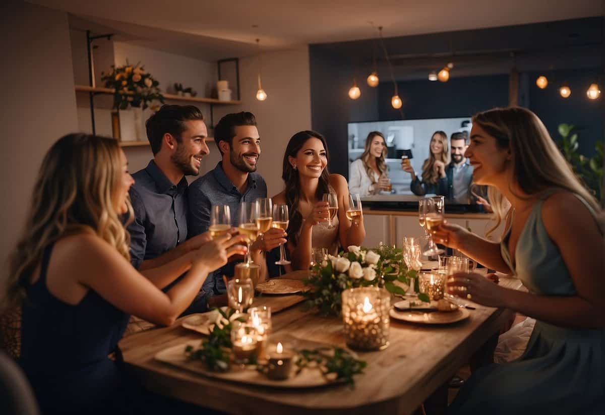 A group of friends gather on a video call, toasting the bride-to-be with virtual champagne, displaying gifts and playing games to celebrate her upcoming wedding