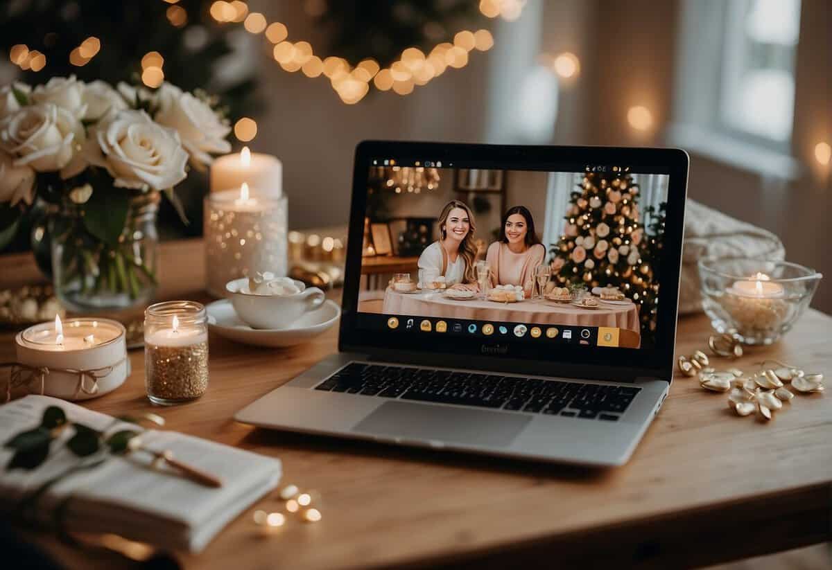 A laptop displaying a virtual bridal shower with guests on a video call, surrounded by decorations, gifts, and a bridal shower game set-up