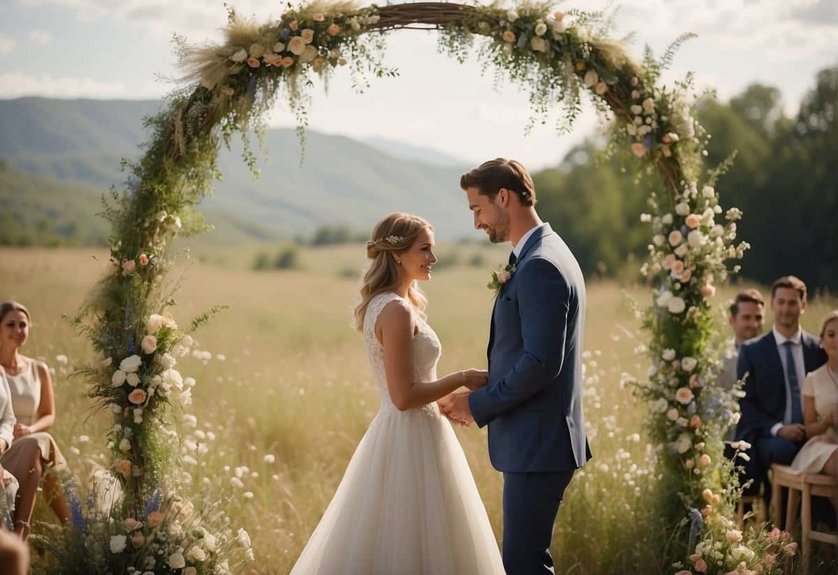 A couple exchanging vows under a simple arch adorned with wildflowers, with handmade decorations and thrifted furniture creating a charming and budget-friendly wedding setting