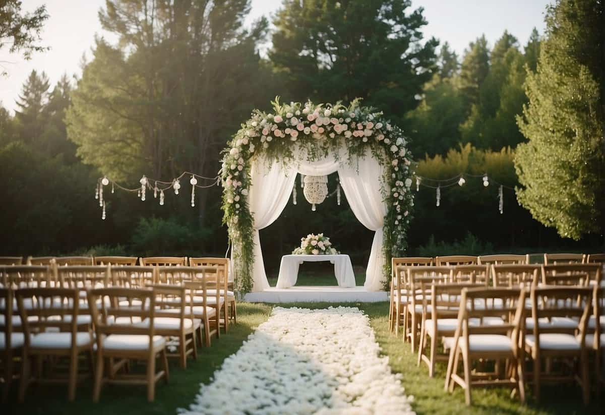 A beautiful outdoor ceremony with simple decorations and an intimate indoor reception with budget-friendly centerpieces and twinkling lights