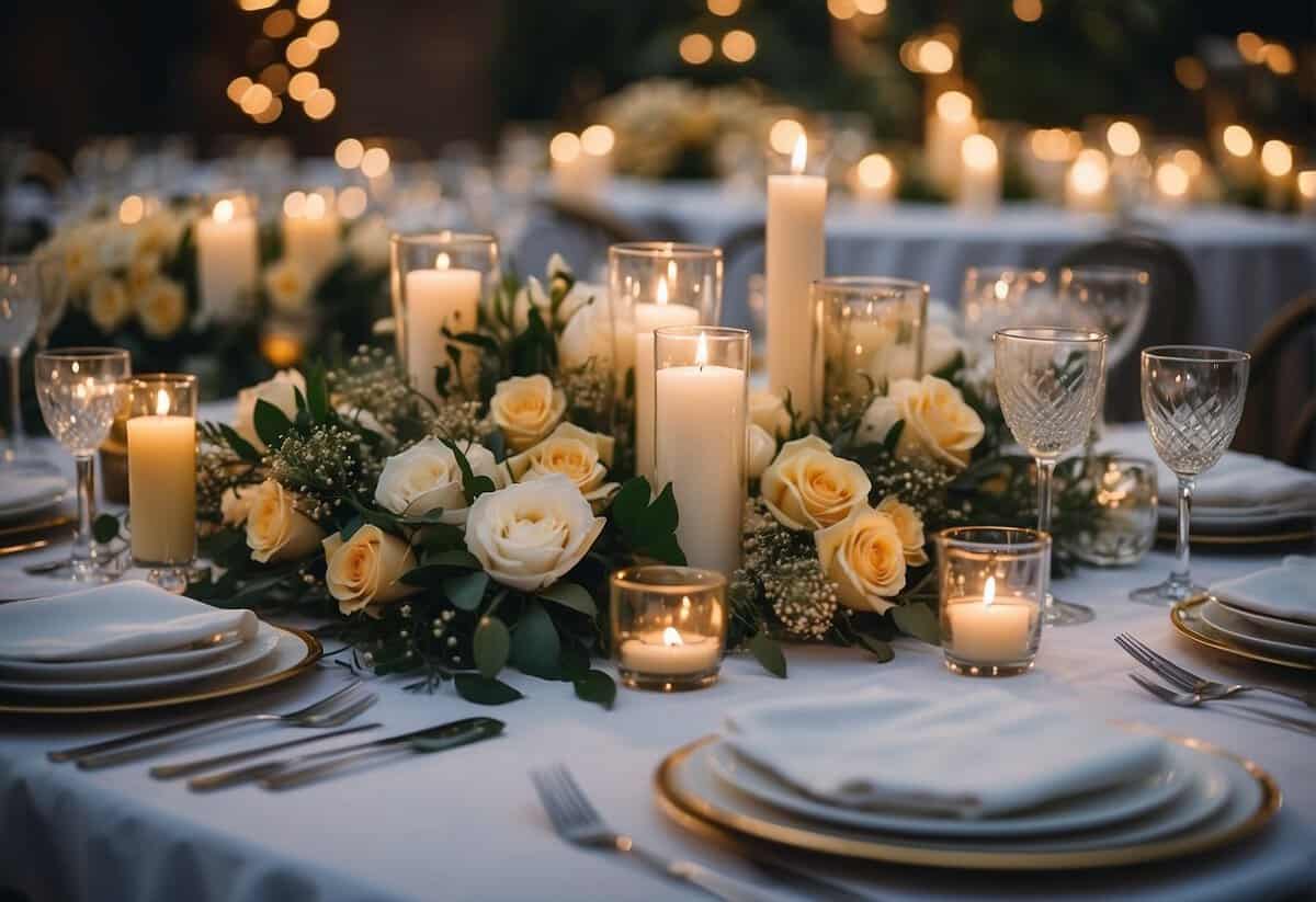 Various items like flowers, candles, and table settings are being arranged on a budget-friendly wedding reception table