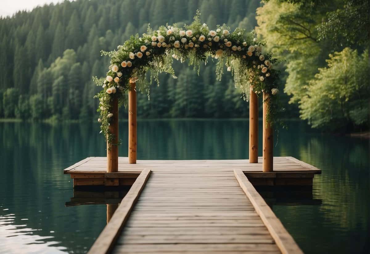 A serene lake surrounded by lush greenery, with a wooden dock extending into the water. A floral arch stands at the end of the dock, ready for a beautiful wedding ceremony