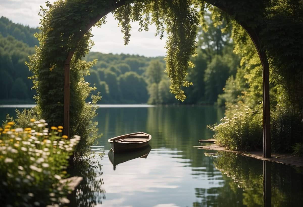 A serene lake surrounded by lush greenery, with a wooden dock extending into the water. A flower-adorned arch stands at the edge of the dock, and a small boat floats peacefully on the calm surface