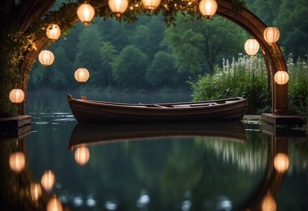 A serene lake with a rustic wooden arch adorned with flowers, surrounded by lush greenery and twinkling fairy lights. A small boat floats on the calm water, with lanterns casting a warm glow