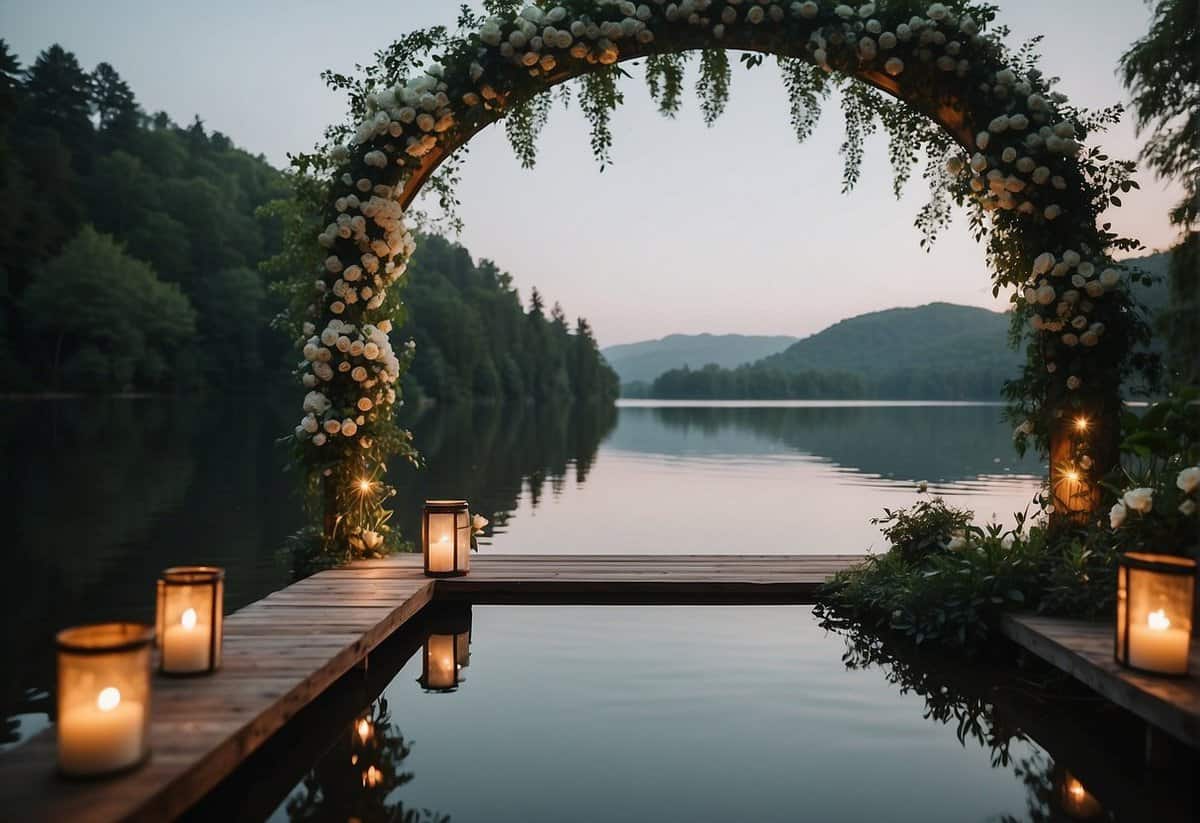 A serene lake surrounded by lush greenery, with a beautifully decorated wedding arch at the water's edge. Flower petals float on the surface, and lanterns hang from nearby trees, creating a romantic atmosphere