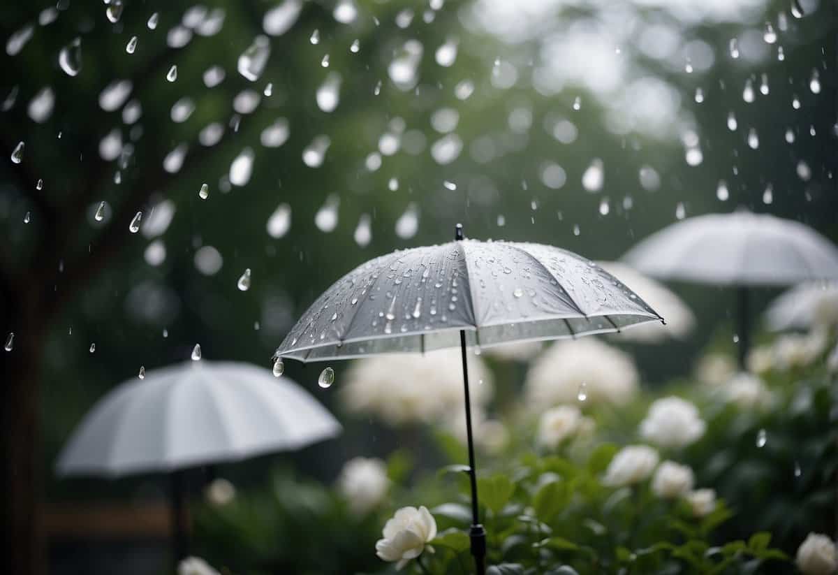 Raindrops fall on a garden adorned with white flowers, as a canopy of umbrellas creates a cozy and romantic ambiance for a rainy wedding