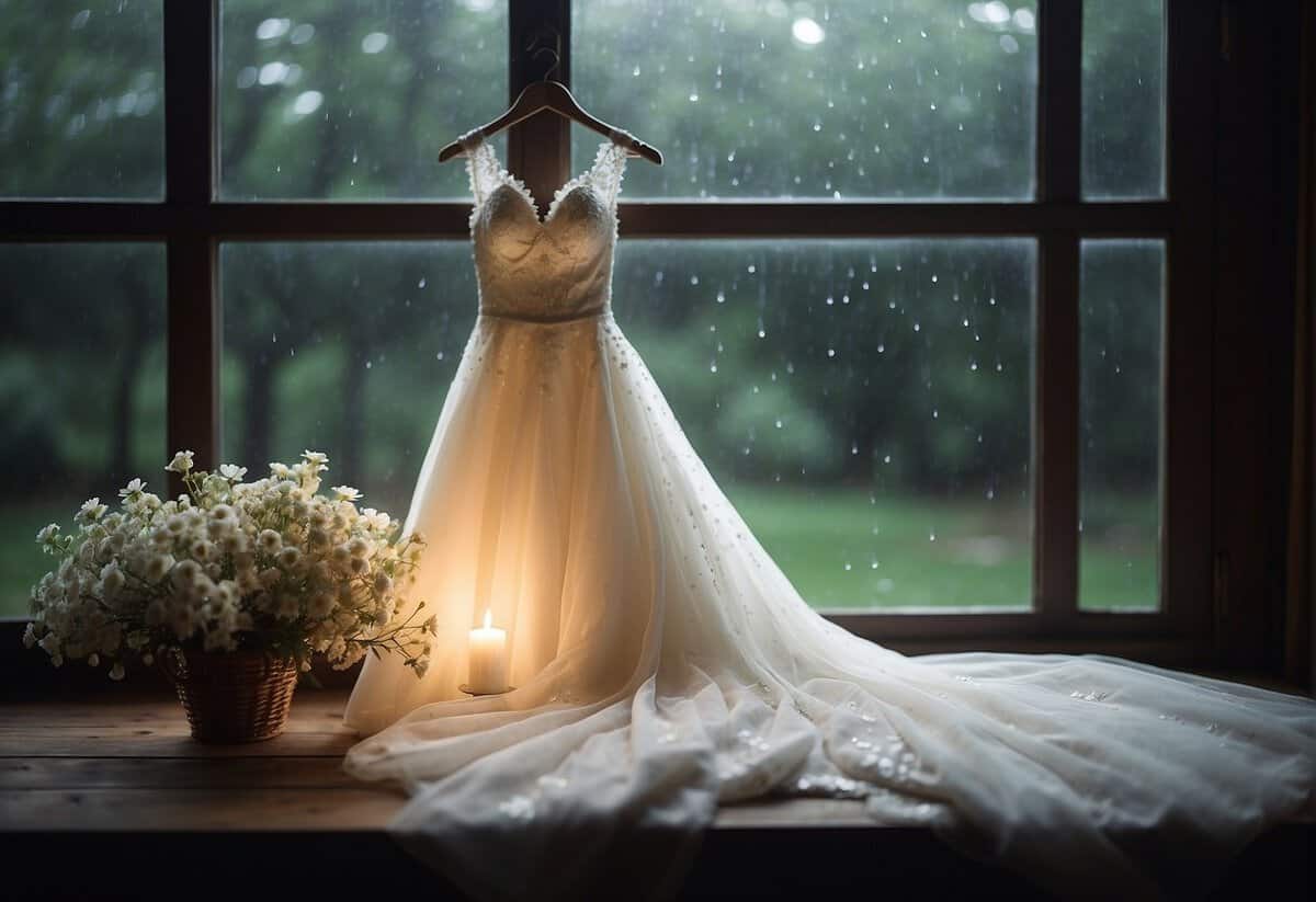 A bride's dress hangs on a vintage wooden hanger, surrounded by delicate white flowers and soft candlelight, as raindrops gently tap against the window pane