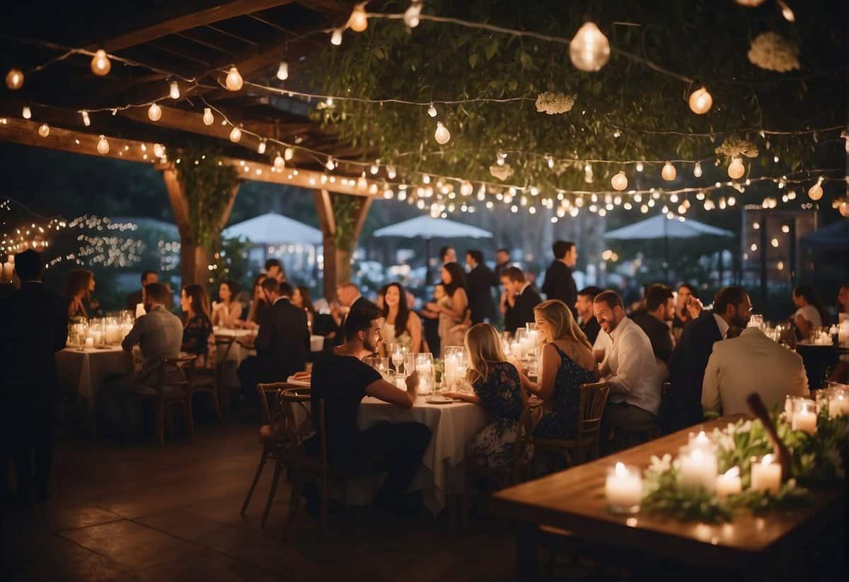 A cozy indoor reception with string lights, candles, and floral centerpieces. Guests mingle under umbrellas, sipping cocktails and enjoying live music