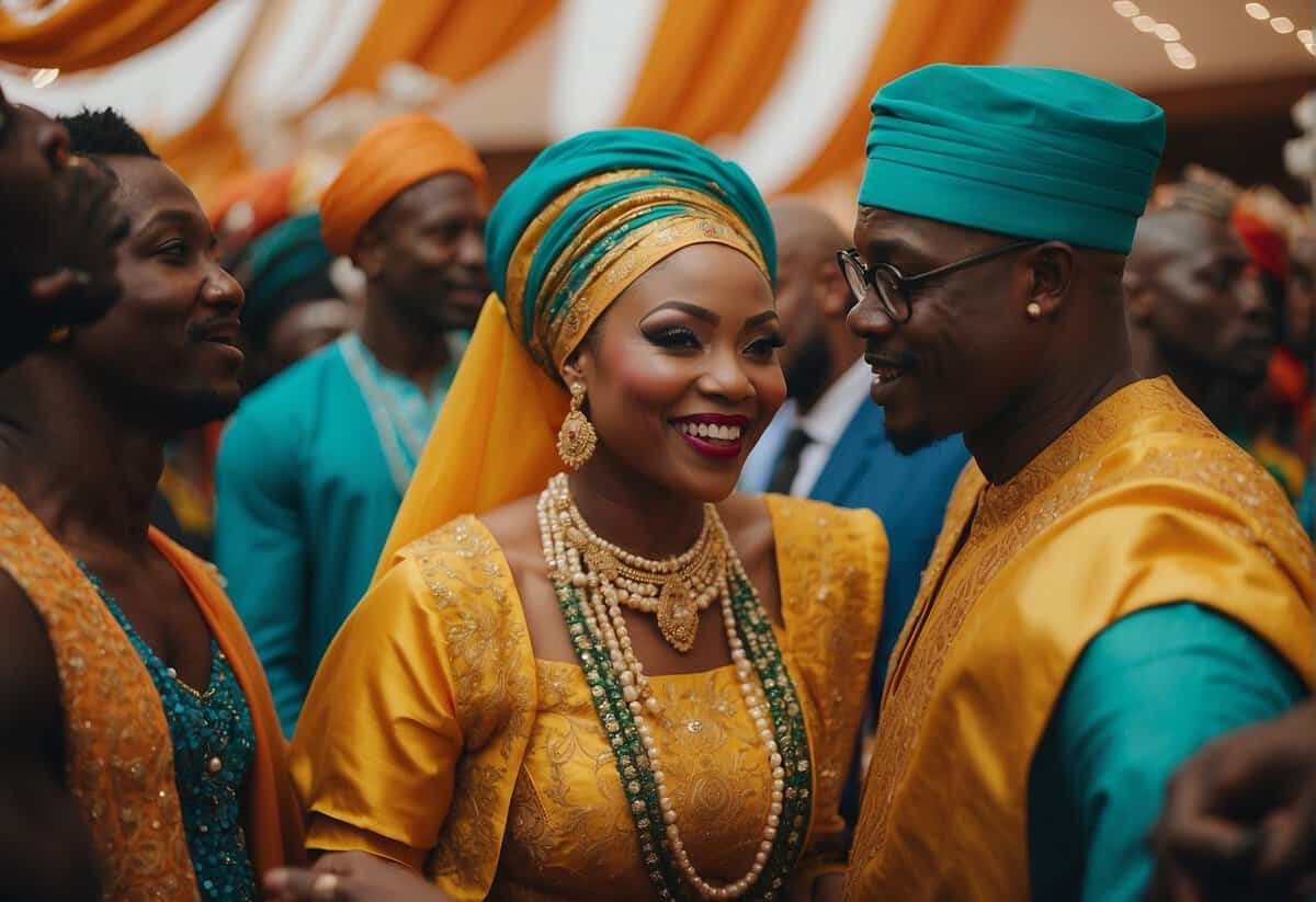 A vibrant Nigerian wedding with colorful traditional attire, lively music, and joyful dancing. Decor includes bright fabrics, intricate beadwork, and lush floral arrangements