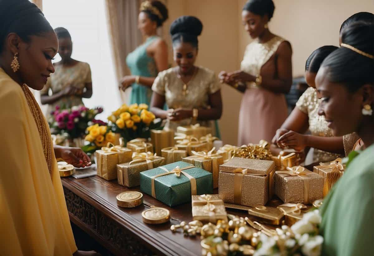 Bridesmaids arranging traditional Nigerian engagement gifts on a decorative table