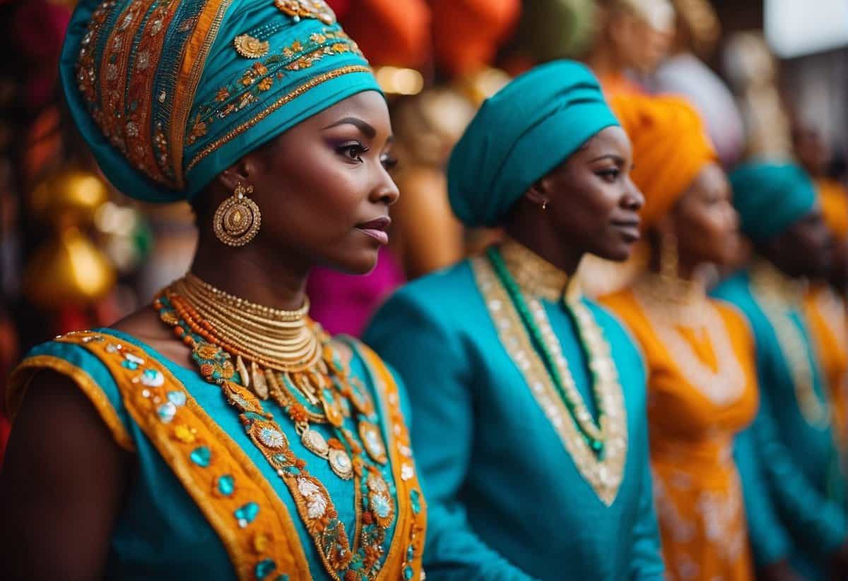 Colorful traditional Nigerian wedding attire displayed on mannequins in a vibrant, festive setting with intricate beading and embroidery