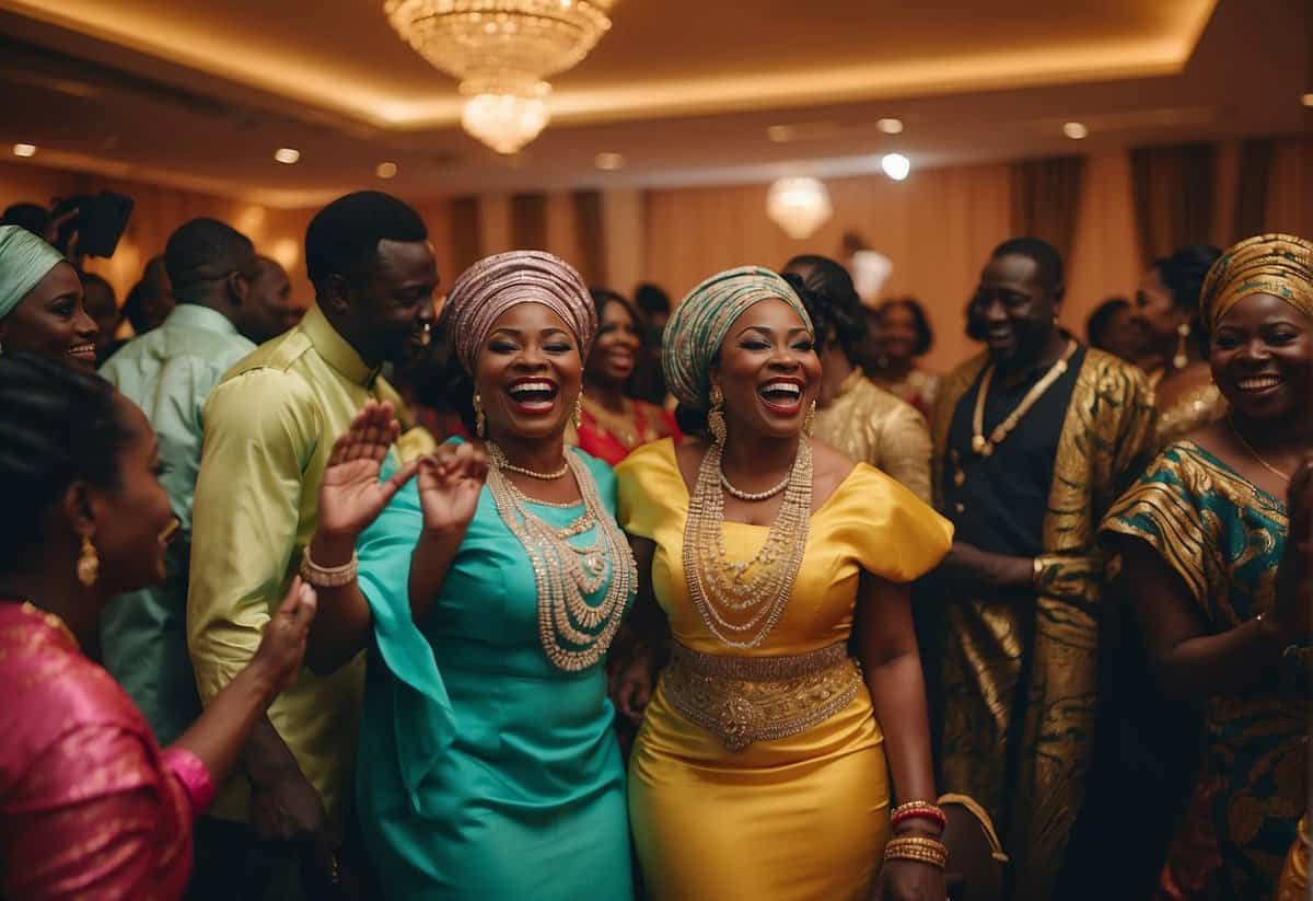 A colorful Nigerian wedding reception with traditional music, vibrant attire, and joyful dancing