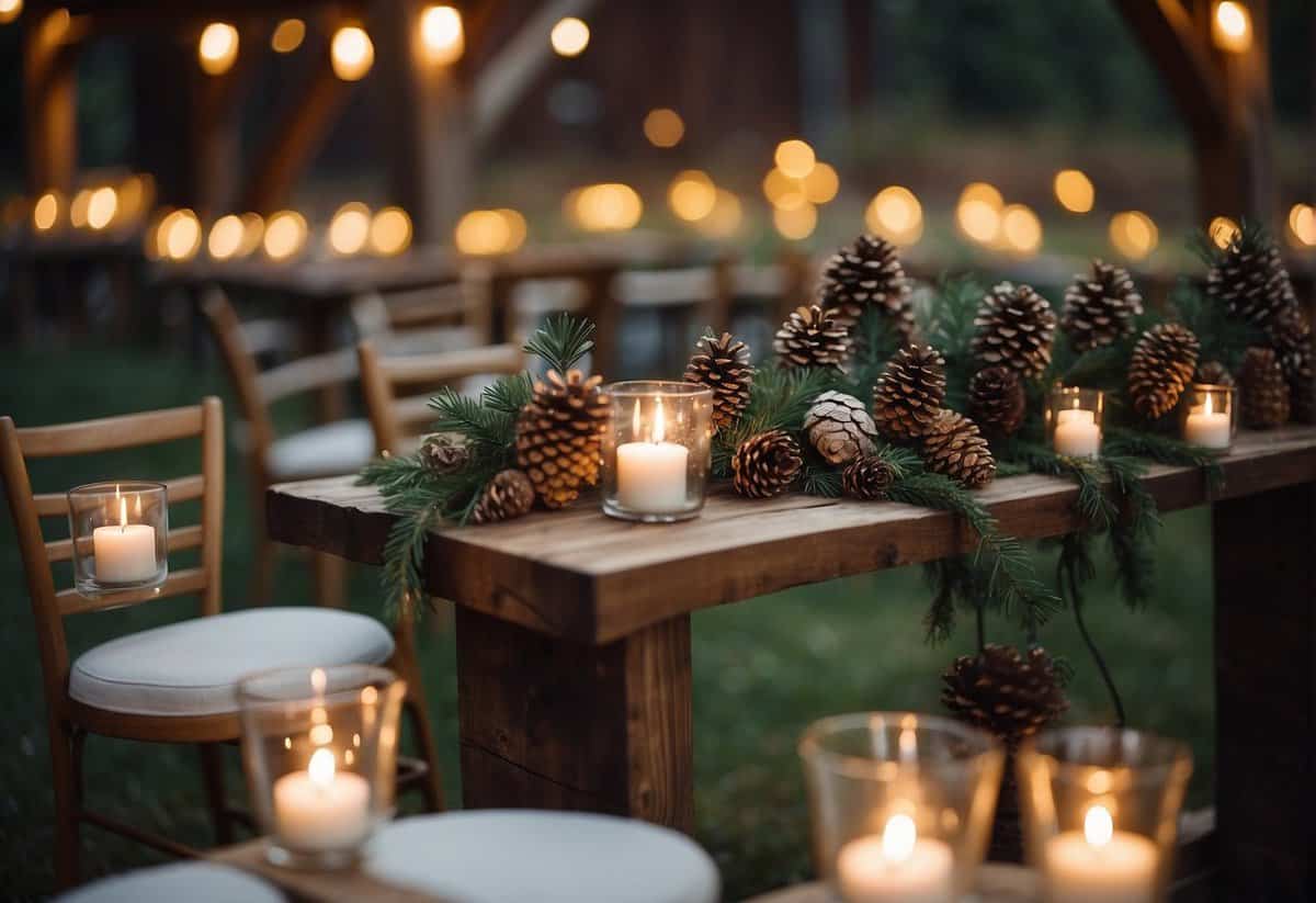 A cozy outdoor ceremony with pinecone decor and twinkling lights. A rustic barn reception with DIY centerpieces and a hot cocoa bar