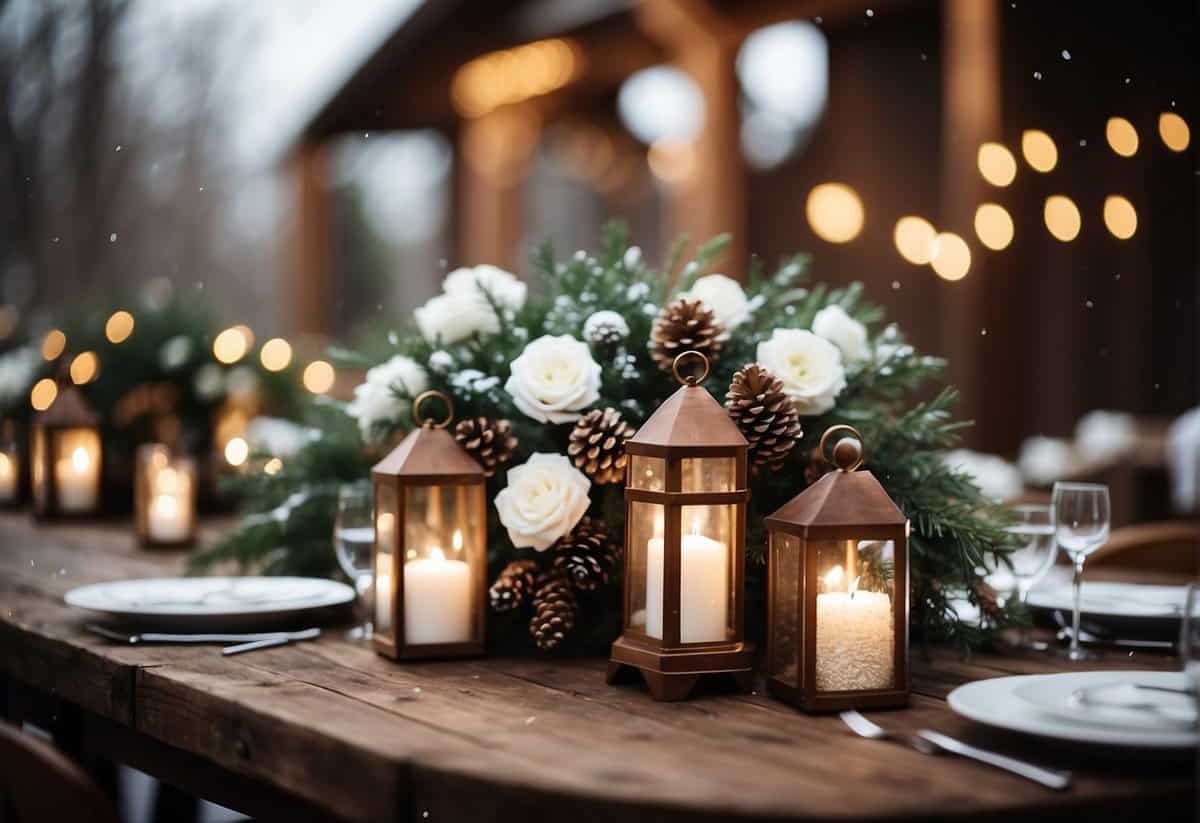 A cozy winter wedding scene with twinkling lights, pinecone centerpieces, and a rustic wooden arch adorned with white flowers