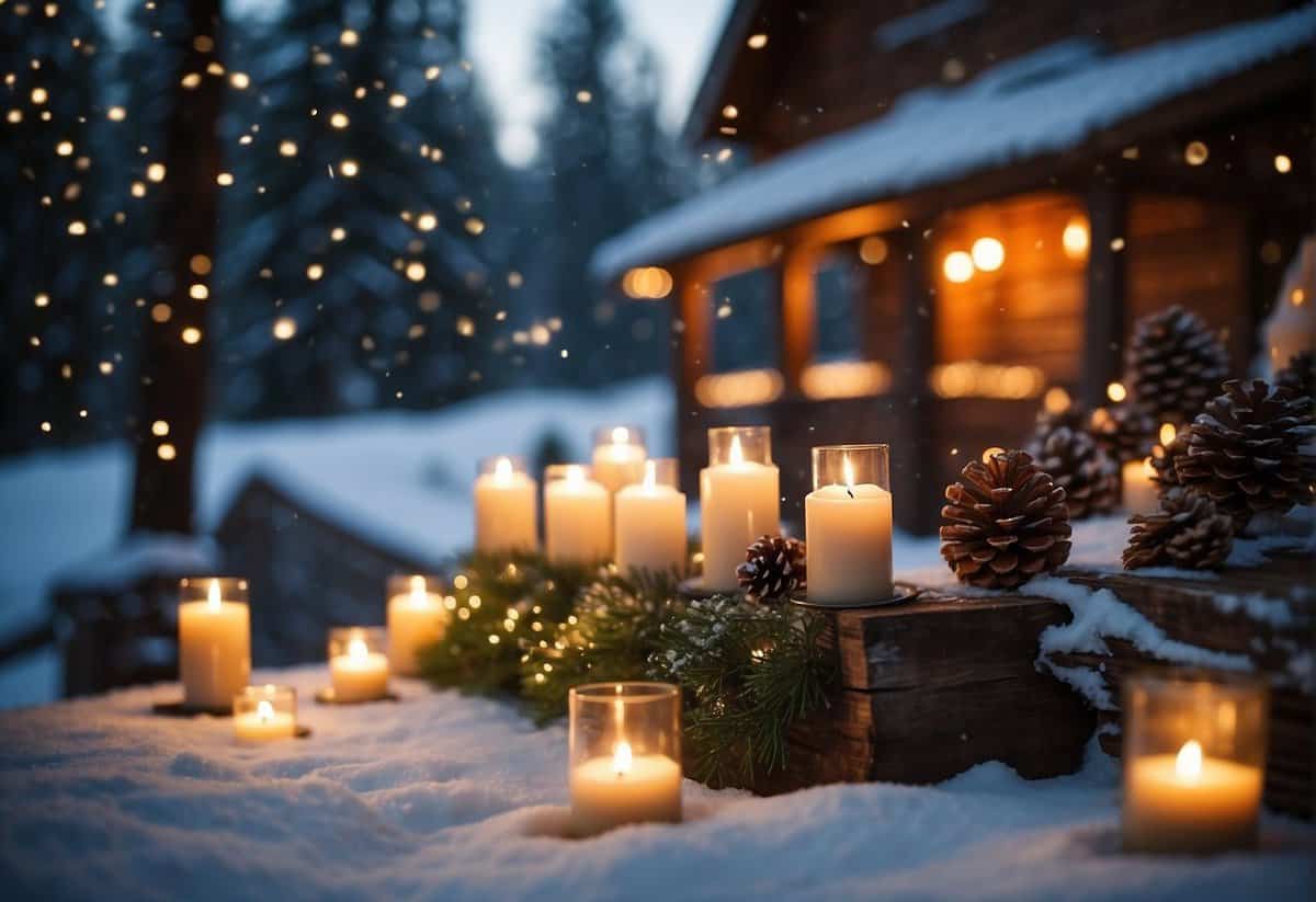 A cozy winter wedding scene with budget-friendly decor ideas. Snowflakes, candles, and pine cones create a romantic ambiance. Twinkling lights and rustic details add charm