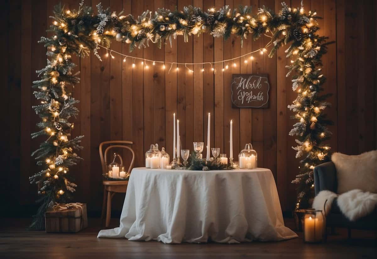 A cozy winter wedding scene with rustic decor, twinkling lights, and a budget-friendly DIY photo booth