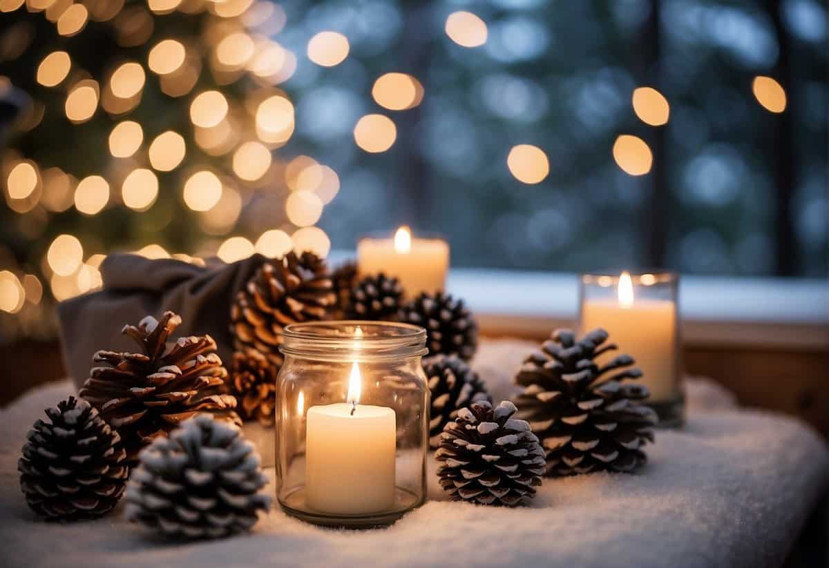 A cozy winter wedding scene with budget-friendly decor and elements such as twinkling lights, pinecones, and candles creating a romantic atmosphere
