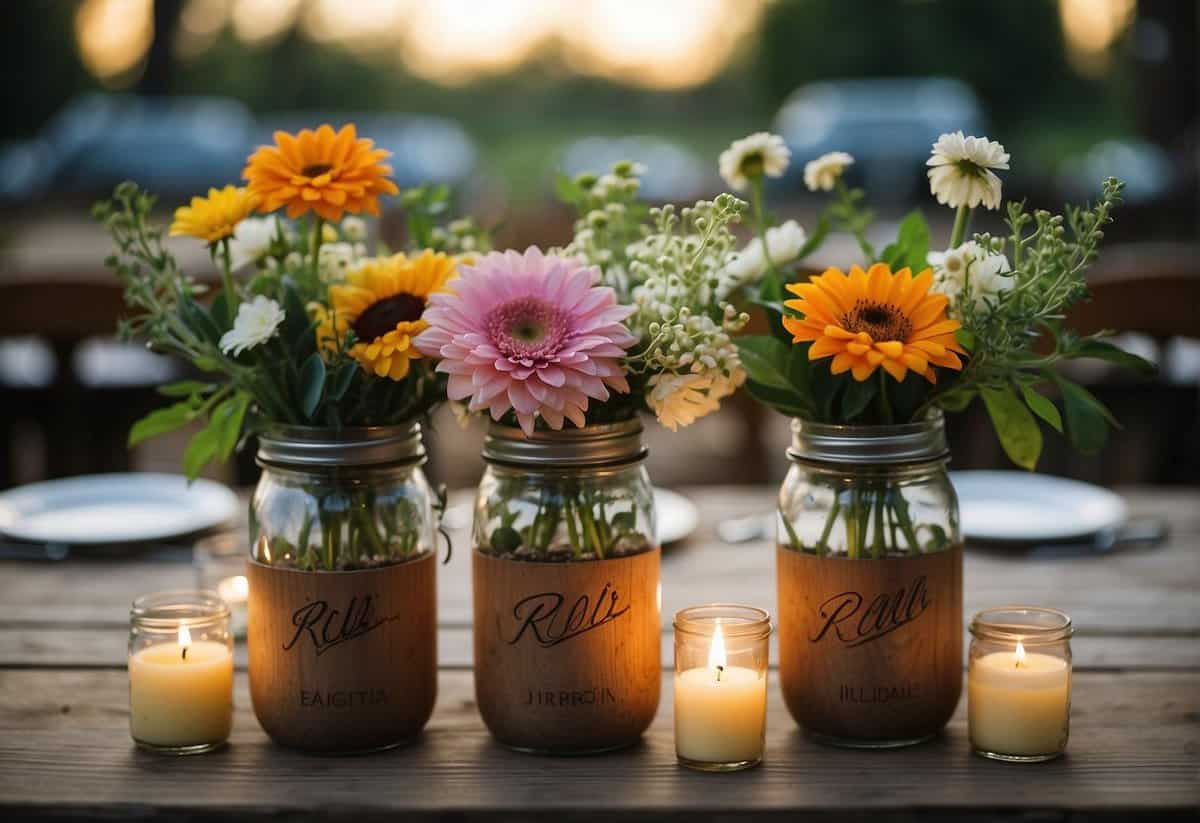 Vibrant flowers in mason jars, surrounded by candles and greenery, adorn the rustic wooden tables, creating elegant wedding centerpieces on a budget