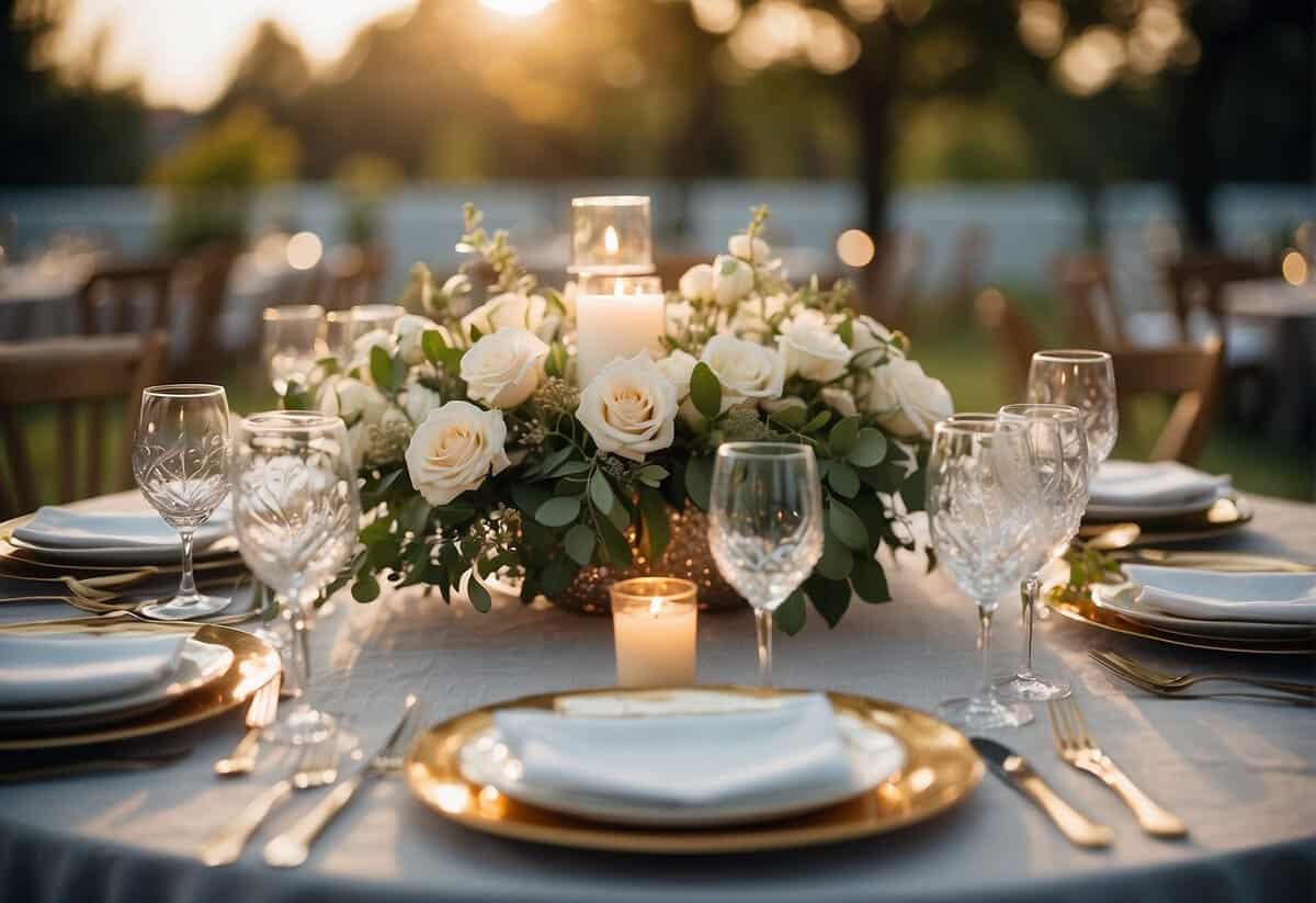 A table set with various budget-friendly wedding centerpieces, including flowers, candles, and decorative elements arranged in an elegant and cohesive manner