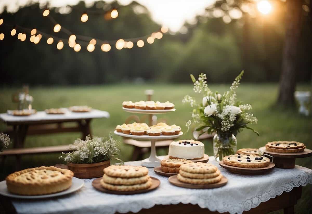 A simple outdoor ceremony with wildflower bouquets, wooden benches, and string lights. A DIY dessert table with homemade pies and a vintage lace tablecloth