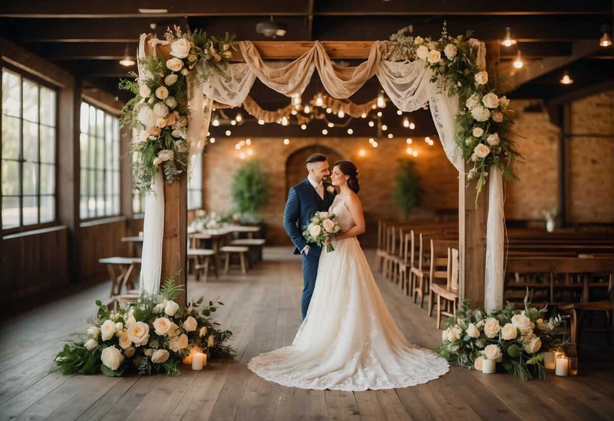 A rustic wedding scene with burlap and lace decor, wildflower bouquets, and wooden signage. Bride and groom attire includes casual yet elegant outfits with a touch of vintage charm