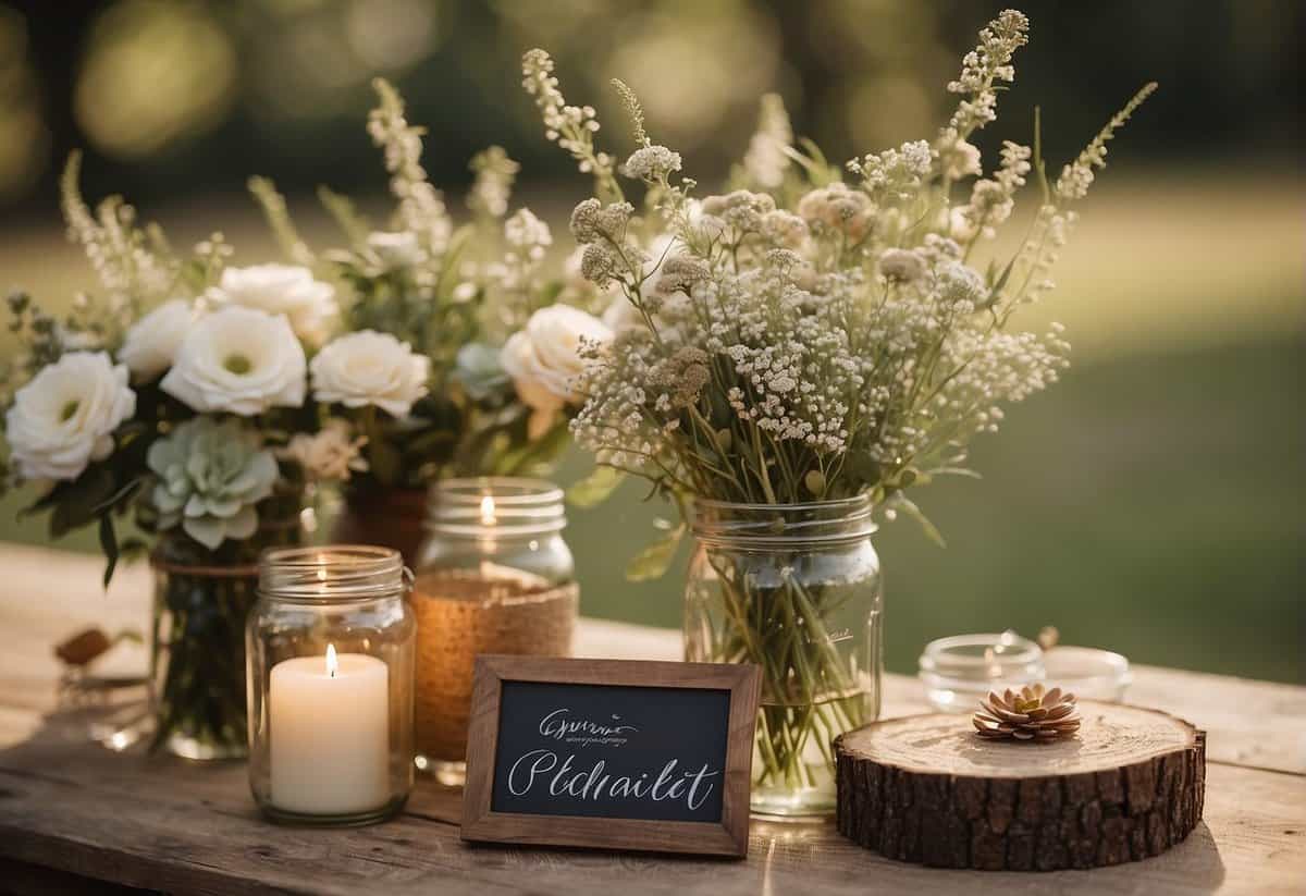 A rustic wedding mood board with budget-friendly decor, including mason jar centerpieces, burlap table runners, and wildflower bouquets
