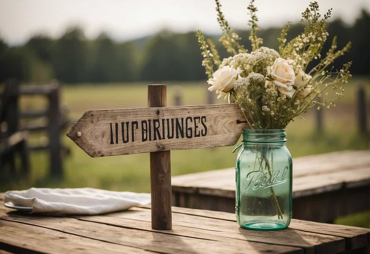 A wooden signpost with hand-painted directions, mason jar centerpieces, and burlap table runners on a weathered farm table