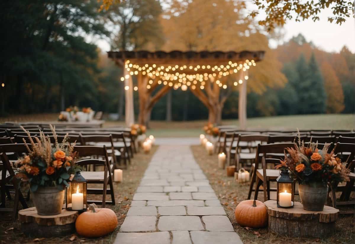 A rustic outdoor ceremony with autumn foliage, string lights, and DIY floral arrangements. A cozy reception with a bonfire, homemade pies, and vintage decor