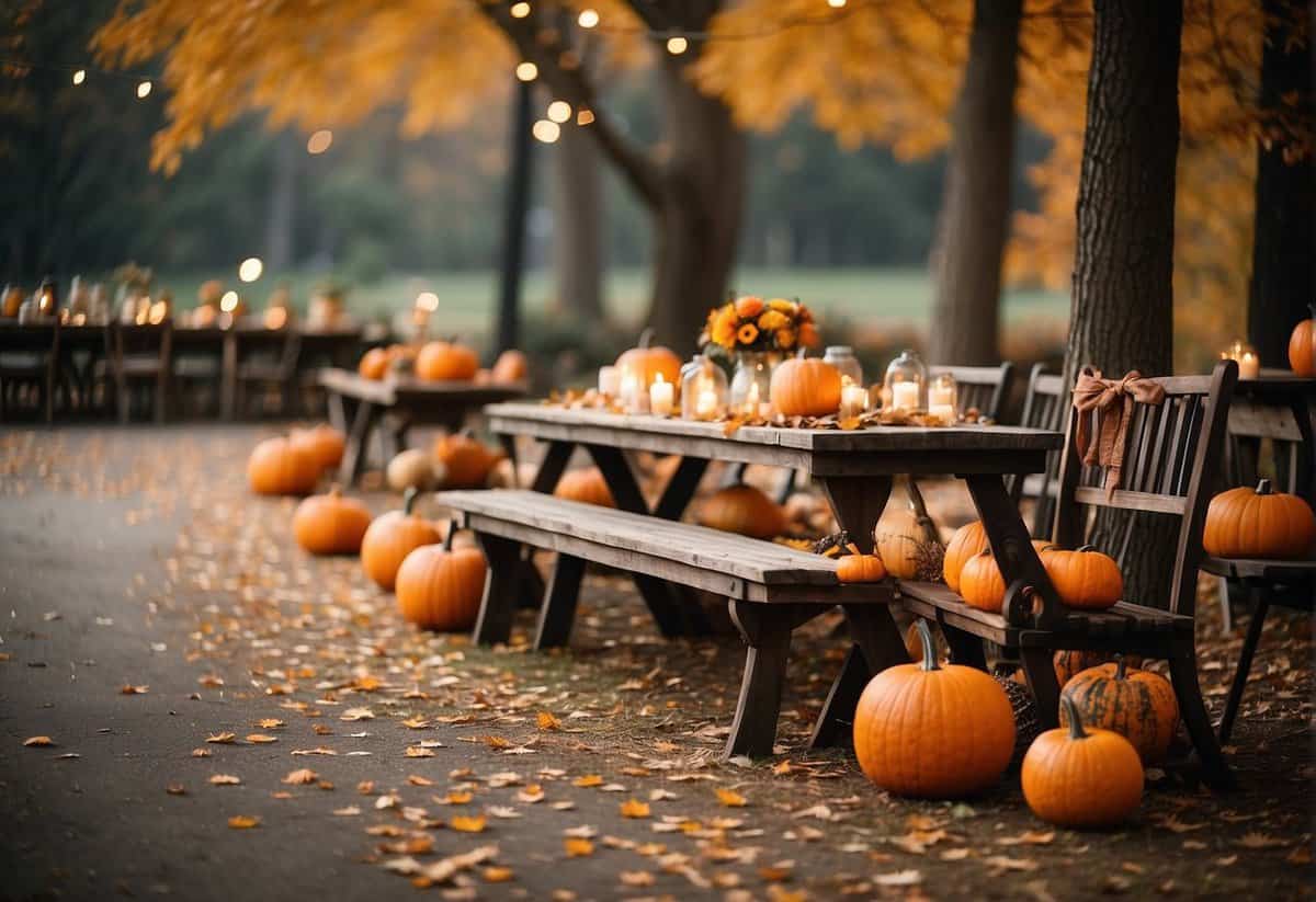 A rustic outdoor wedding setting with autumn leaves, pumpkins, and string lights. A cozy and intimate atmosphere with a touch of elegance