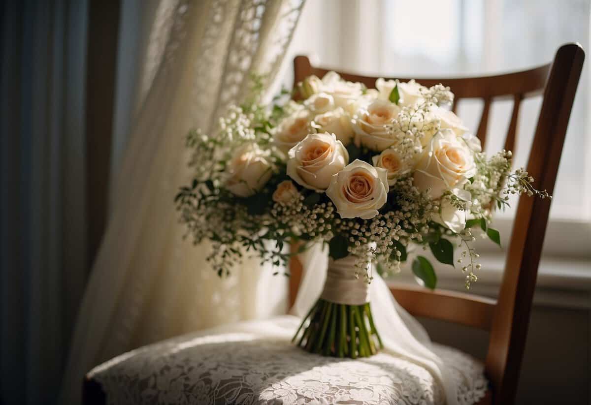 A bride's bouquet rests on a vintage chair, bathed in soft natural light filtering through lace curtains