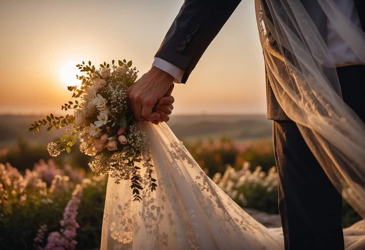 A bride's veil blowing in the wind, with the groom holding her hand, surrounded by blooming flowers and a picturesque sunset