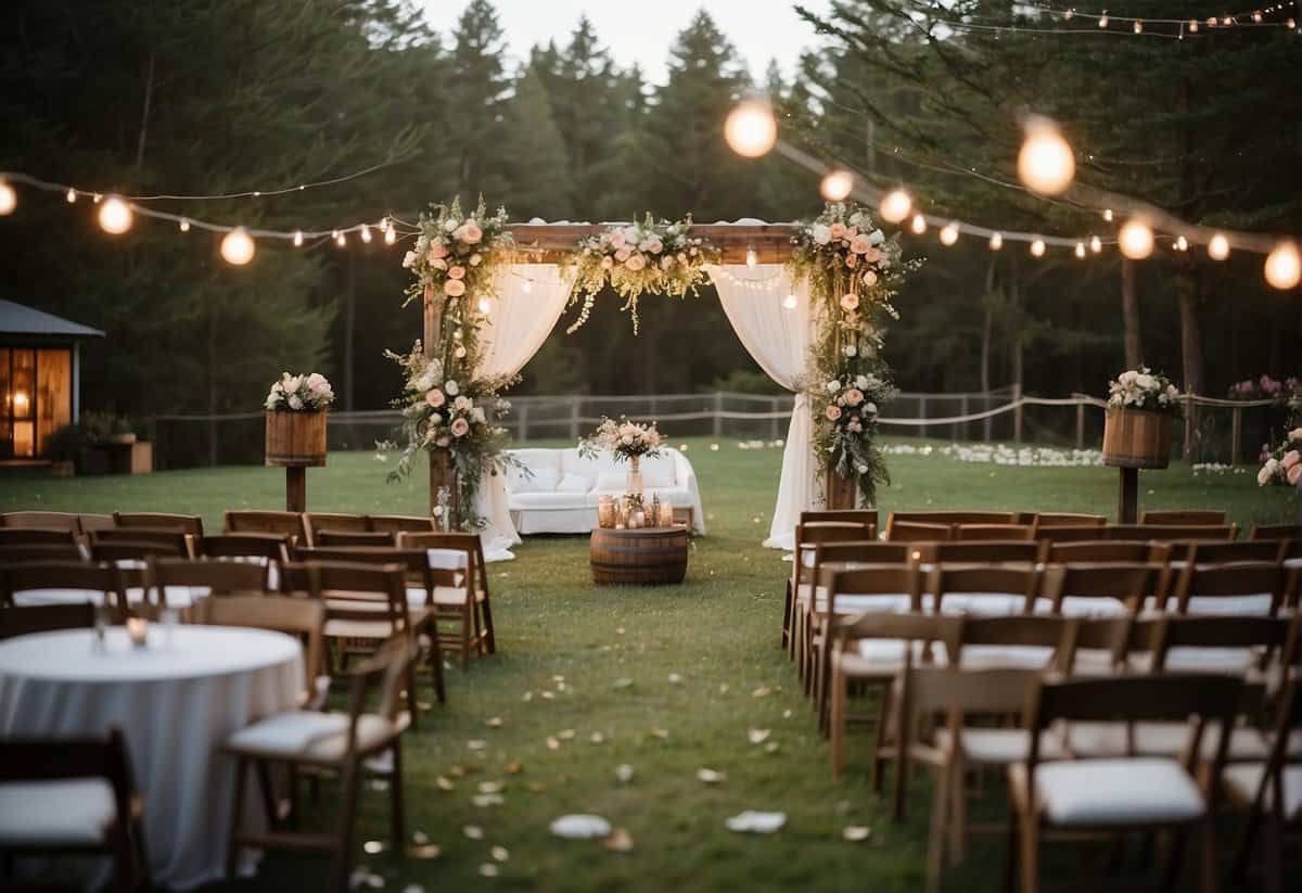 A backyard wedding with string lights, floral arch, and rustic wooden chairs set up for the ceremony. Tables adorned with elegant centerpieces and a cozy lounge area for guests