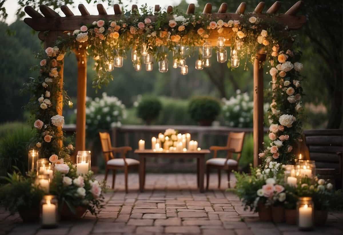A cozy backyard setup with twinkling lights, a rustic wooden arch, and a floral-adorned altar. Tables adorned with elegant centerpieces and flickering candles, surrounded by lush greenery and blooming flowers