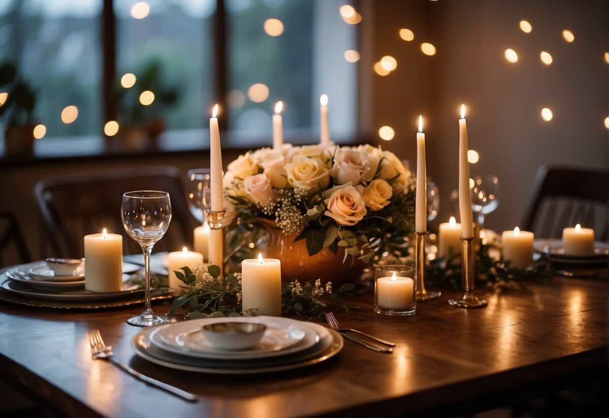 A cozy living room with fairy lights, candles, and floral arrangements. A table set with elegant dinnerware and a homemade wedding cake as the centerpiece