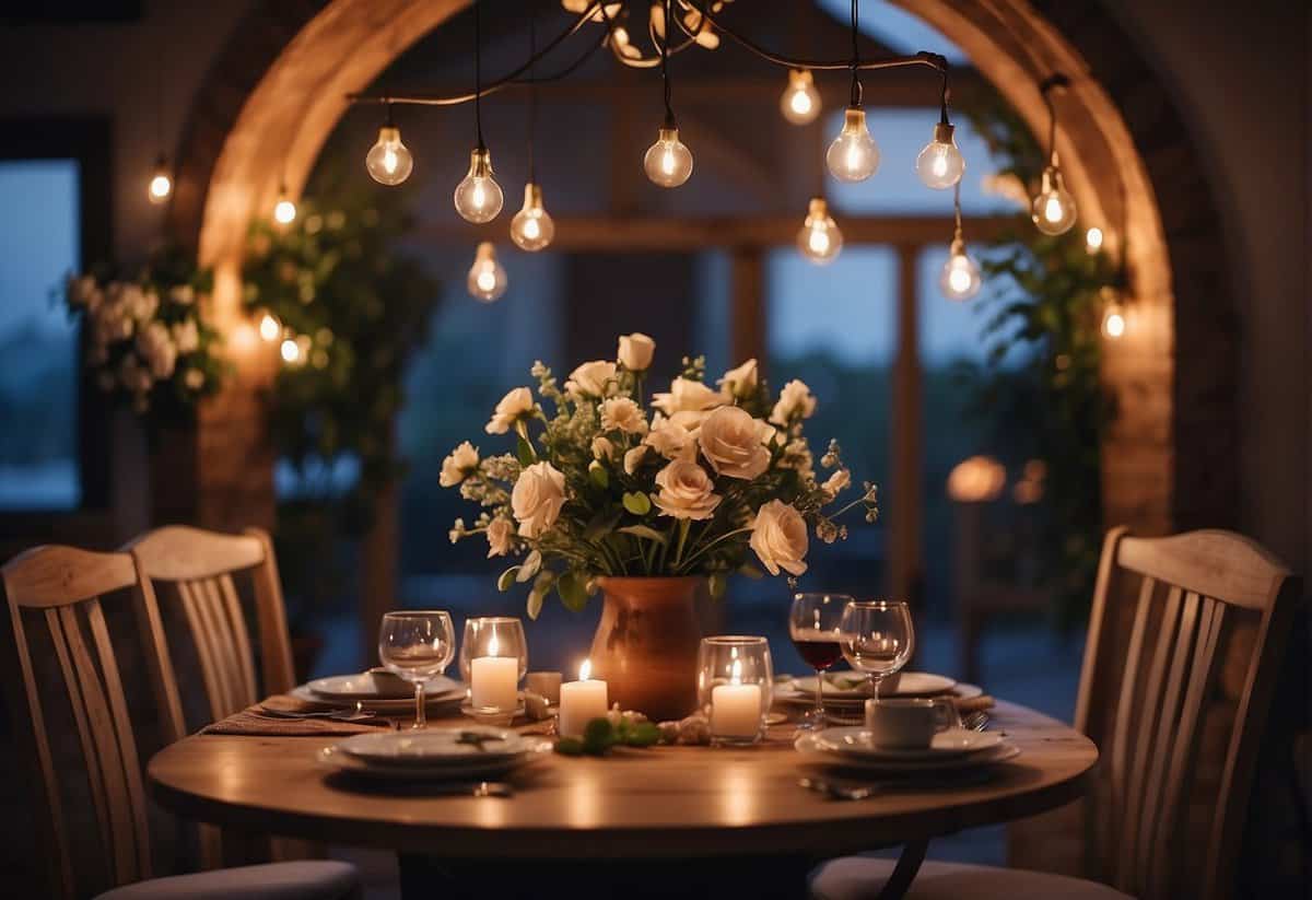 A cozy living room with soft lighting, a rustic wooden arch adorned with flowers, and a table set for a romantic dinner for two