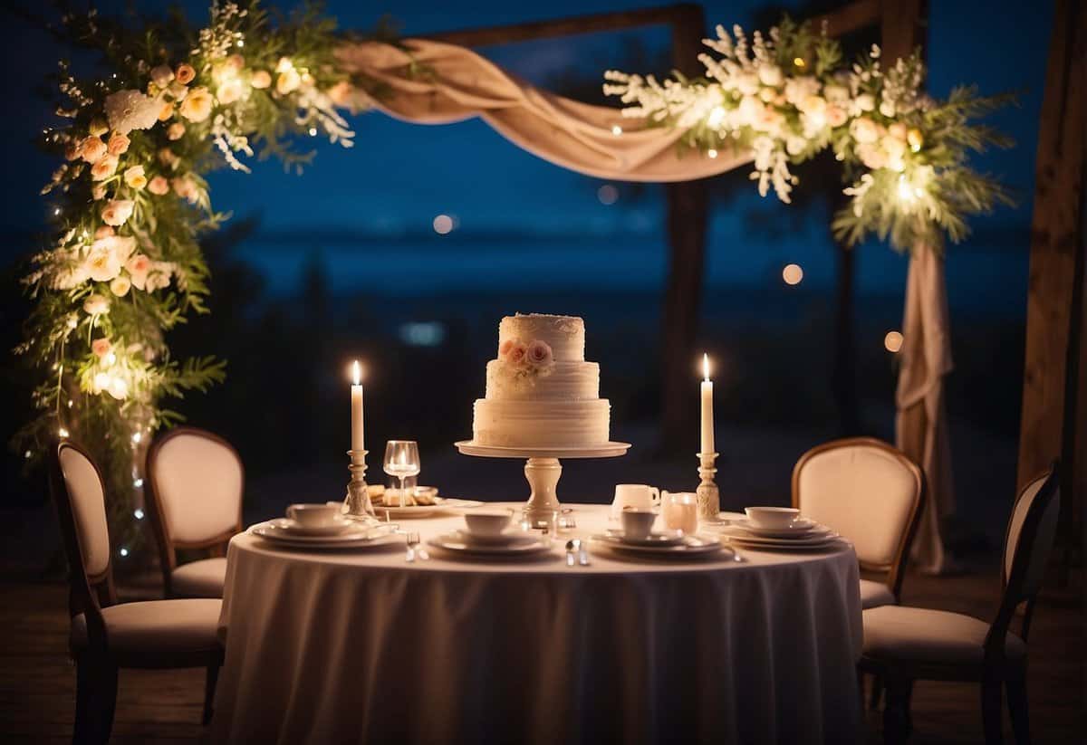 A cozy living room with a rustic wedding arch adorned with flowers and twinkling lights. A table set with elegant dinnerware and a homemade wedding cake