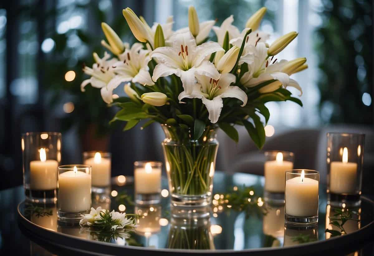 A tall vase filled with white lilies, surrounded by flickering candles and greenery, sits atop a mirrored table