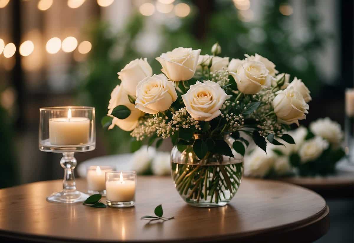 A floral arrangement with white roses, greenery, and candles in a glass vase, surrounded by scattered rose petals on a round table