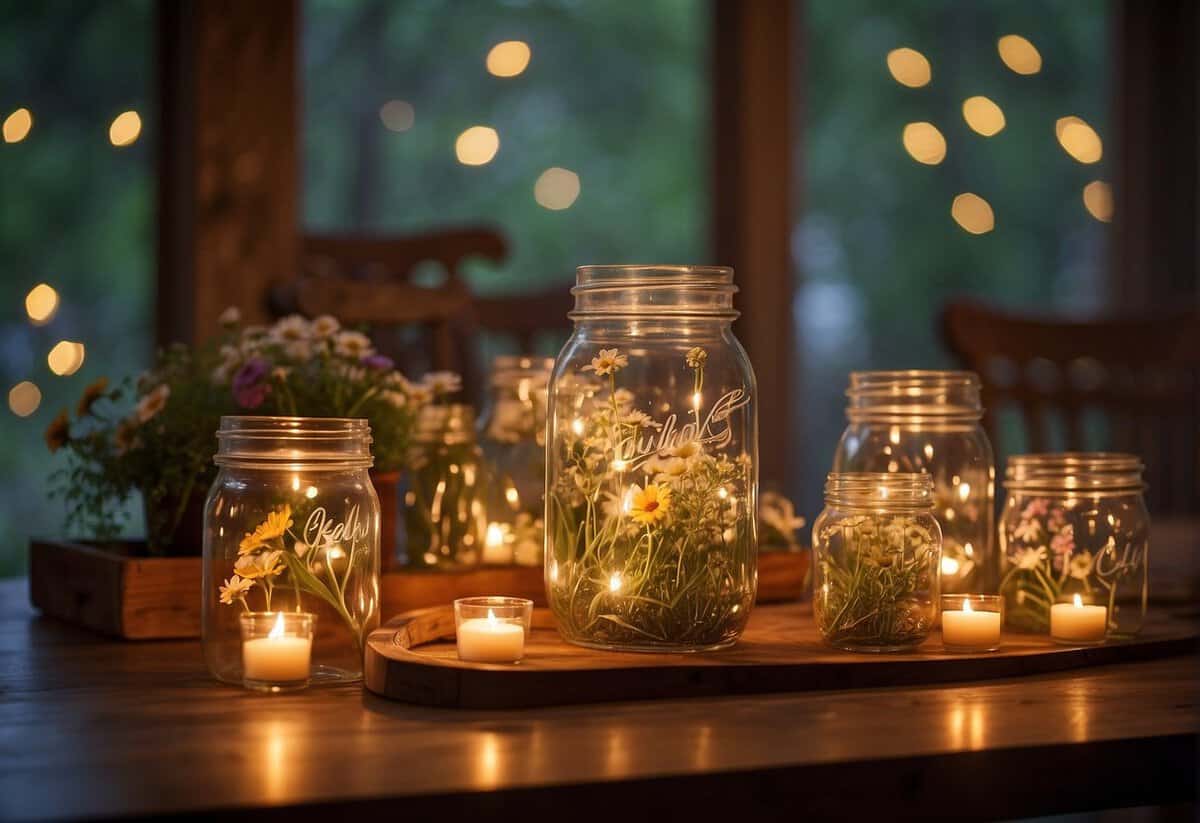 A wooden table adorned with wildflowers, candles, and mason jars. Twinkling string lights hang overhead, creating a warm and inviting atmosphere
