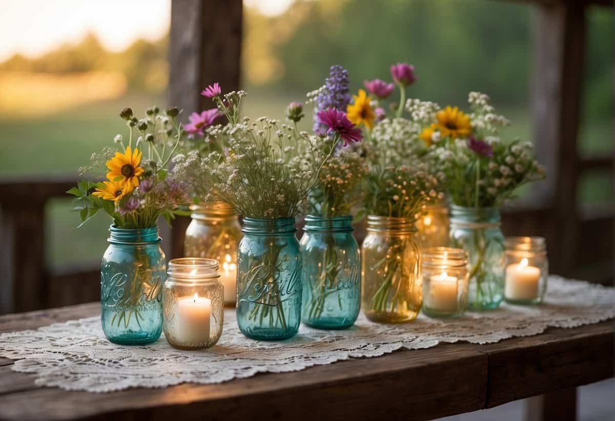 A wooden table adorned with mason jar vases, wildflowers, and candles. A lace table runner adds a touch of elegance to the rustic centerpiece display