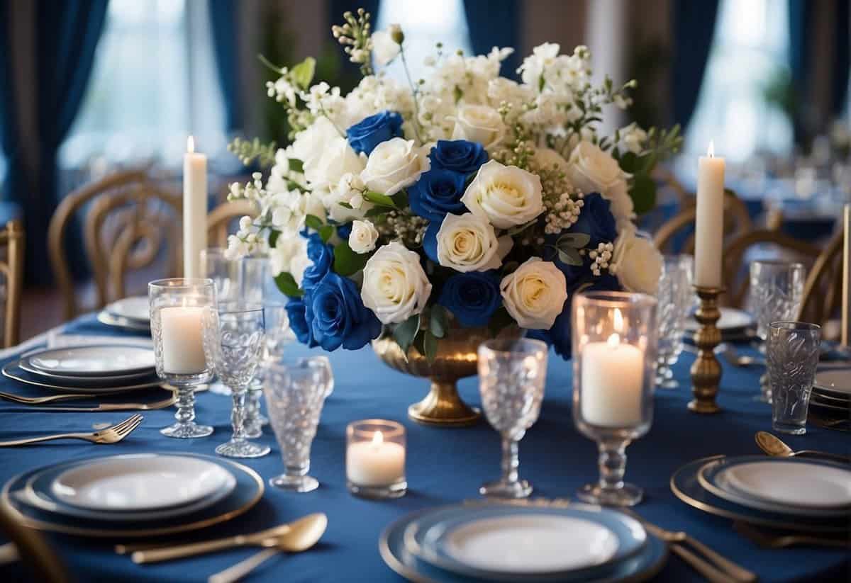 A blue and white wedding scene with elegant floral centerpieces, flowing fabric draping, and delicate lace accents