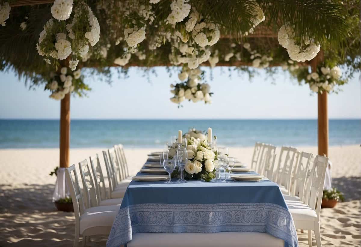 A serene beach setting with blue and white decor, including elegant table settings, floral arrangements, and a flowing canopy