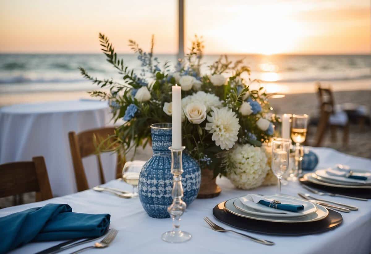 A serene beach wedding with blue and white decor, including flowers, ribbons, and table settings. The ocean waves provide a beautiful backdrop for the ceremony