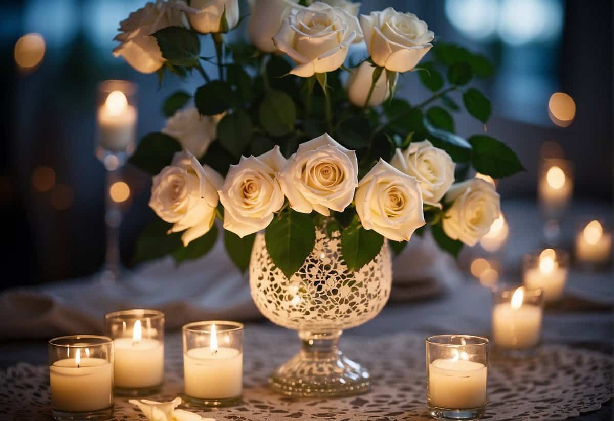 A glass vase filled with white roses and greenery sits atop a lace doily, surrounded by flickering tea lights and scattered rose petals