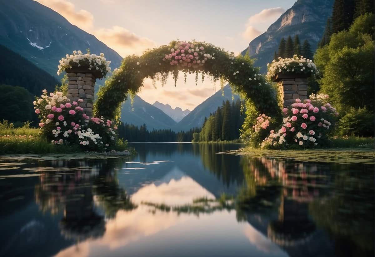 A grand arch adorned with cascading flowers and twinkling lights, set against a serene lake and lush greenery