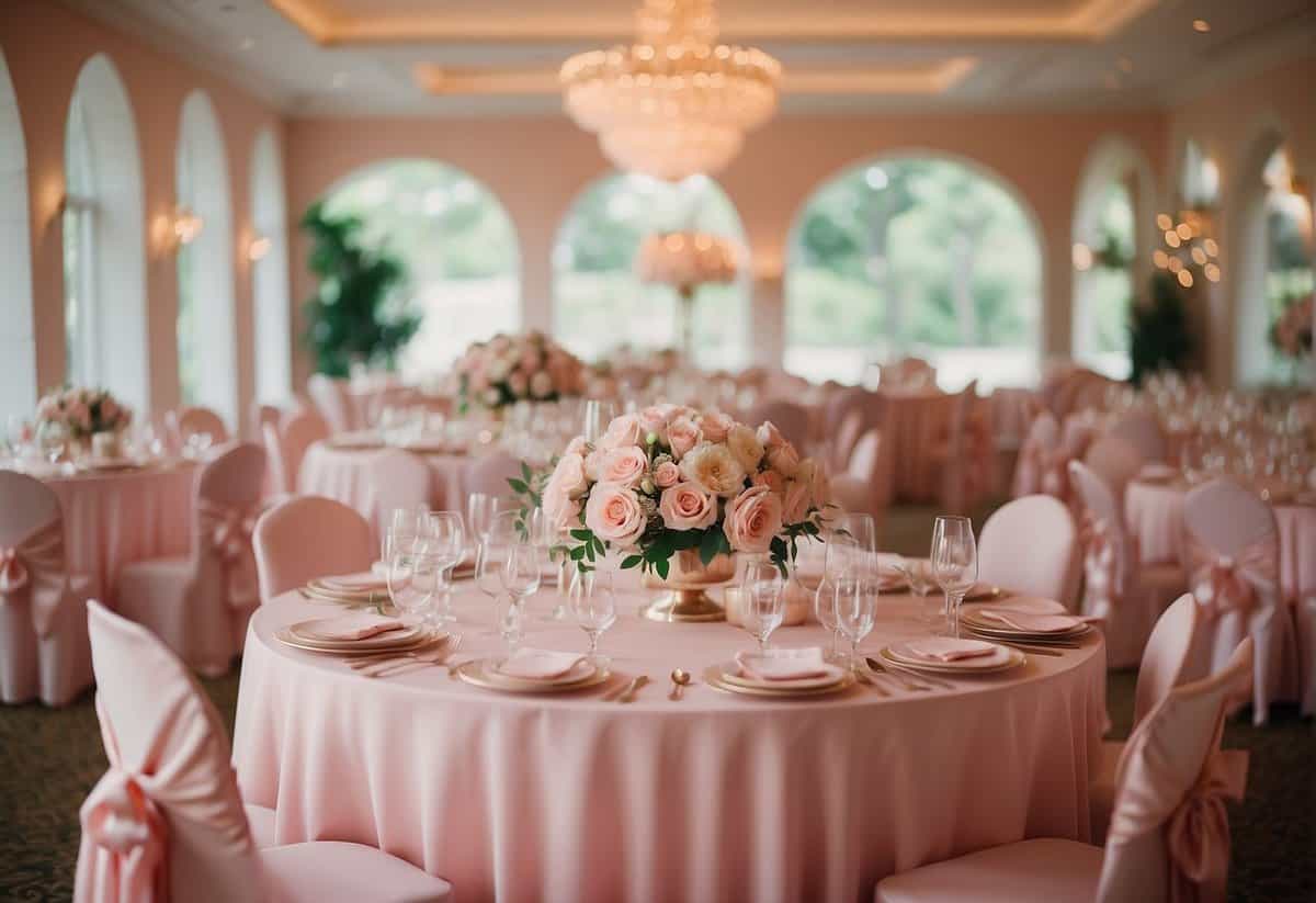 A pink wedding reception with rose centerpieces, blush tablecloths, and pastel floral accents. A romantic atmosphere with soft lighting and delicate details