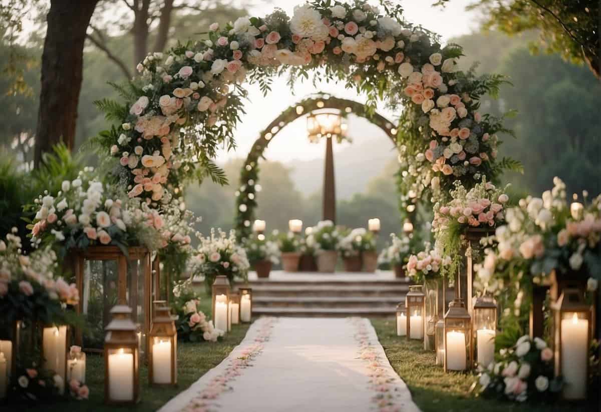 A floral arch frames the altar, adorned with cascading greenery and delicate blooms in soft pastel hues. A vintage rug covers the ground, and lanterns hang from the branches, casting a warm glow