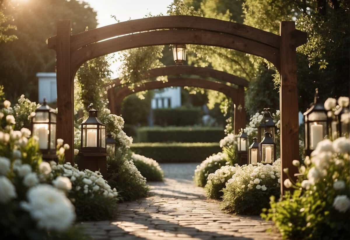 A rustic wooden arch adorned with white flowers and greenery stands in a sunlit garden, surrounded by vintage lanterns and flickering candles