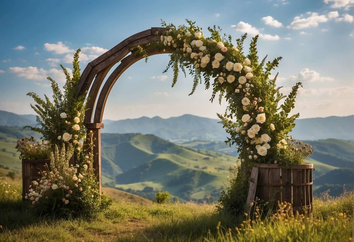 A rustic wooden arch adorned with flowers and greenery, set against a backdrop of rolling hills and a clear blue sky